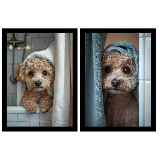 Set de 2 Cuadros Coloridos de Perro en la Ducha, Ilustración de Baño de Cachorros en Estilo Fotográfico, Lindos Animales para Decorar, Arte de Pared para Inodoro, Ducha, Baño, WC