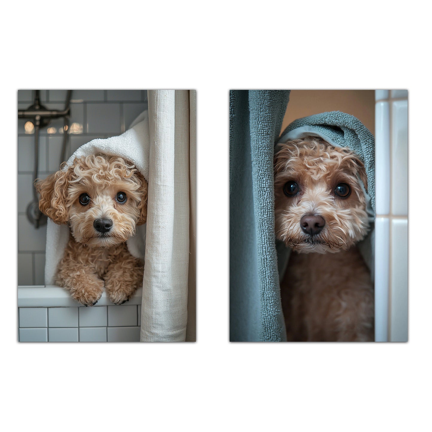 Set de 2 Cuadros Coloridos de Perro en la Ducha, Ilustración de Baño de Cachorros en Estilo Fotográfico, Lindos Animales para Decorar, Arte de Pared para Inodoro, Ducha, Baño, WC