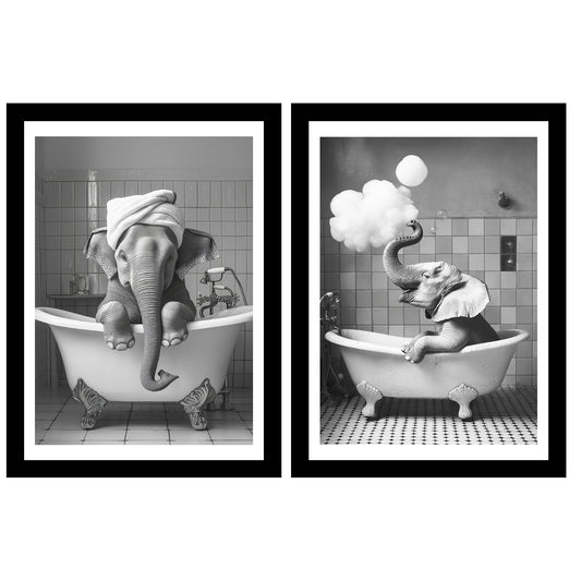 Set de 2 Cuadros Elefante en la Bañera con Simpáticos Animales en Blanco y Negro Ilustración impresa para decorar las paredes del Inodoro, Ducha, Cuarto de baño, Aseo, WC