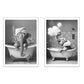 Set de 2 Cuadros Elefante en la Bañera con Simpáticos Animales en Blanco y Negro Ilustración impresa para decorar las paredes del Inodoro, Ducha, Cuarto de baño, Aseo, WC