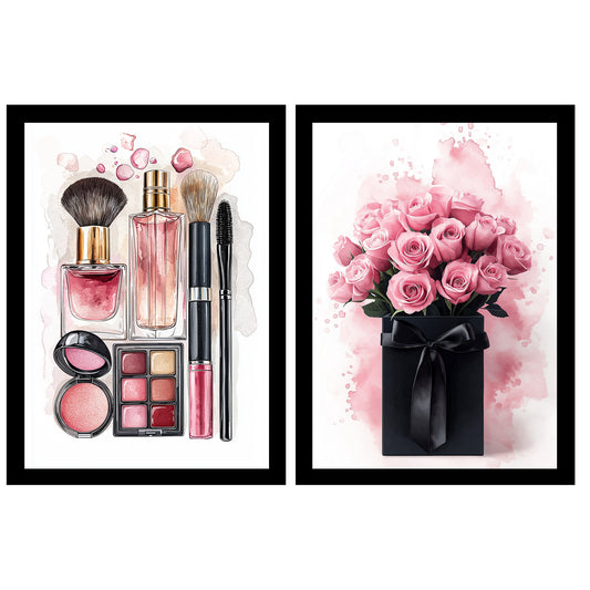 Set de 2 Cuadros de Maquillaje y Cosmética con Flores Rosas, Ilustración impresa para decorar las paredes del WC, Tocador, Baño, Vestidor, Salón
