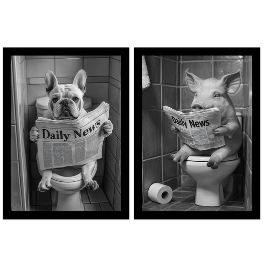Set de 2 Cuadros de Animales con Periódico en el WC, Perro, Cerdo, Blanco y Negro con Ilustración Impresa en Estilo B/N para Decorar las Paredes del WC, Cuarto de Baño, Aseo, WC