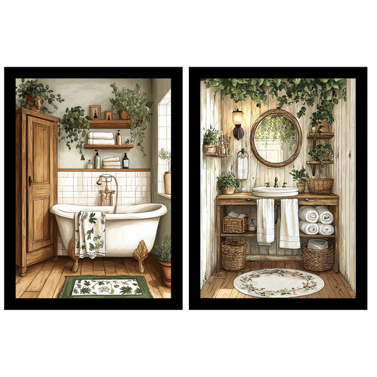 Set de 2 Cuadros de Baño Rústicos con Ilustración Impresa en Estilo Pintura al Óleo Vintage para Decorar, Arte de Pared para Inodoro, Ducha, Baño, WC de Casa de Granja