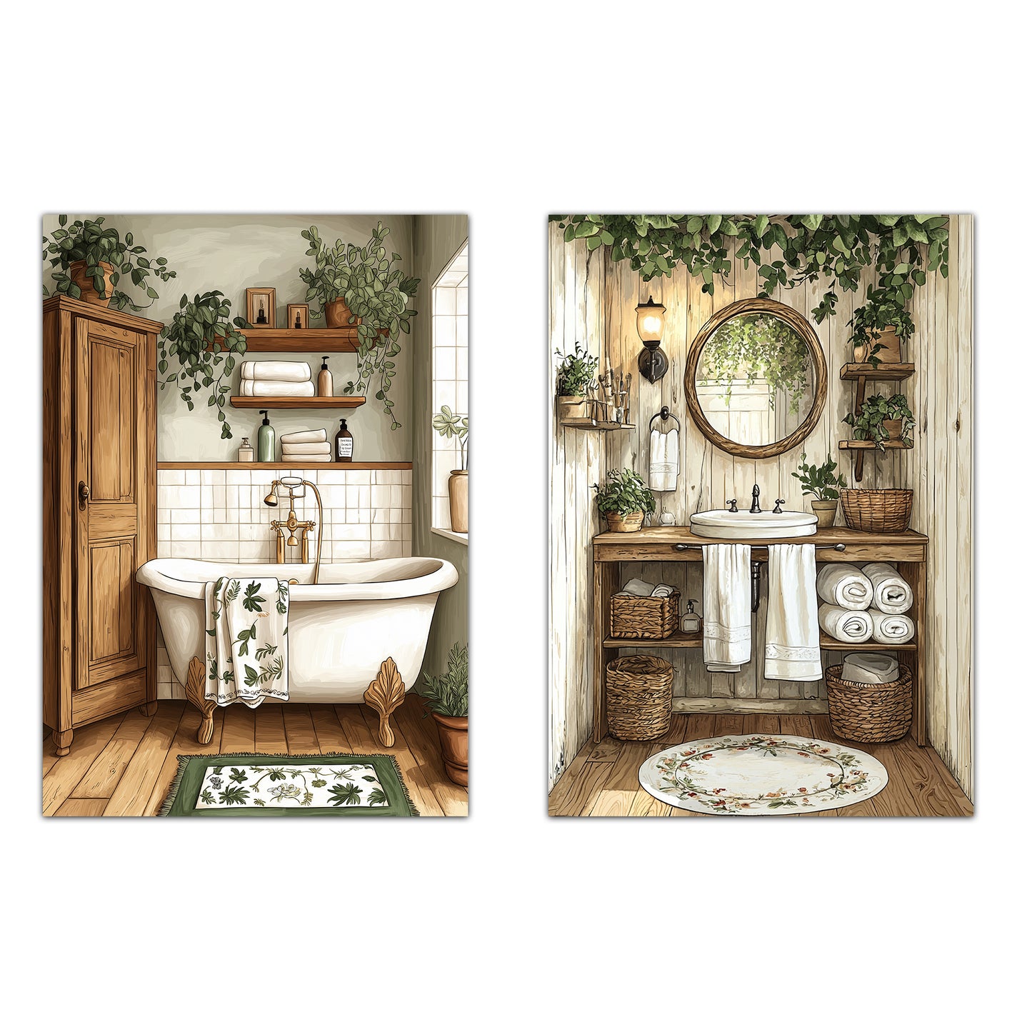 Set de 2 Cuadros de Baño Rústicos con Ilustración Impresa en Estilo Pintura al Óleo Vintage para Decorar, Arte de Pared para Inodoro, Ducha, Baño, WC de Casa de Granja