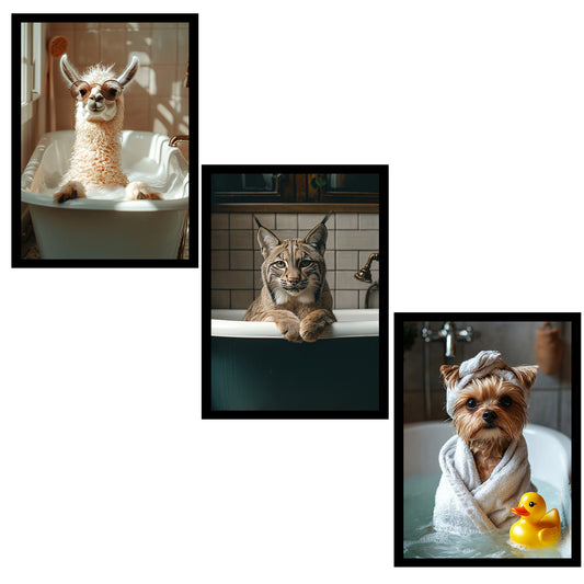 Set de 3 Cuadros de Animales Salvajes en la Bañera, Llama, Perro, Gato Lince Ilustración impresa en estilo fotográfico para decorar las paredes del WC, Ducha, Cuarto de baño, WC