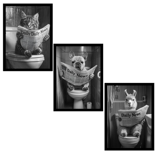 Set de 3 Cuadros Animales Leyendo Periódico En El Inodoro, Gato, Perro, Llama, Póster en Blanco y Negro con Ilustración Impresa en Estilo B/N para Decorar las Paredes del Inodoro, Baño, Lavabo, WC