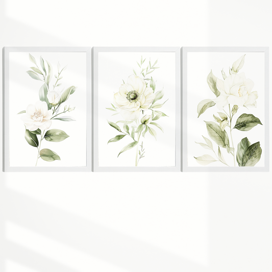Nacnic Set De 3 Láminas Botánicas Flores Verdes Blancas. Posters Acuarela De Plantas Tonos Verdes Suaves Cuadros. Laminas Decorativas Pared Para Salón Y Dormitorio.