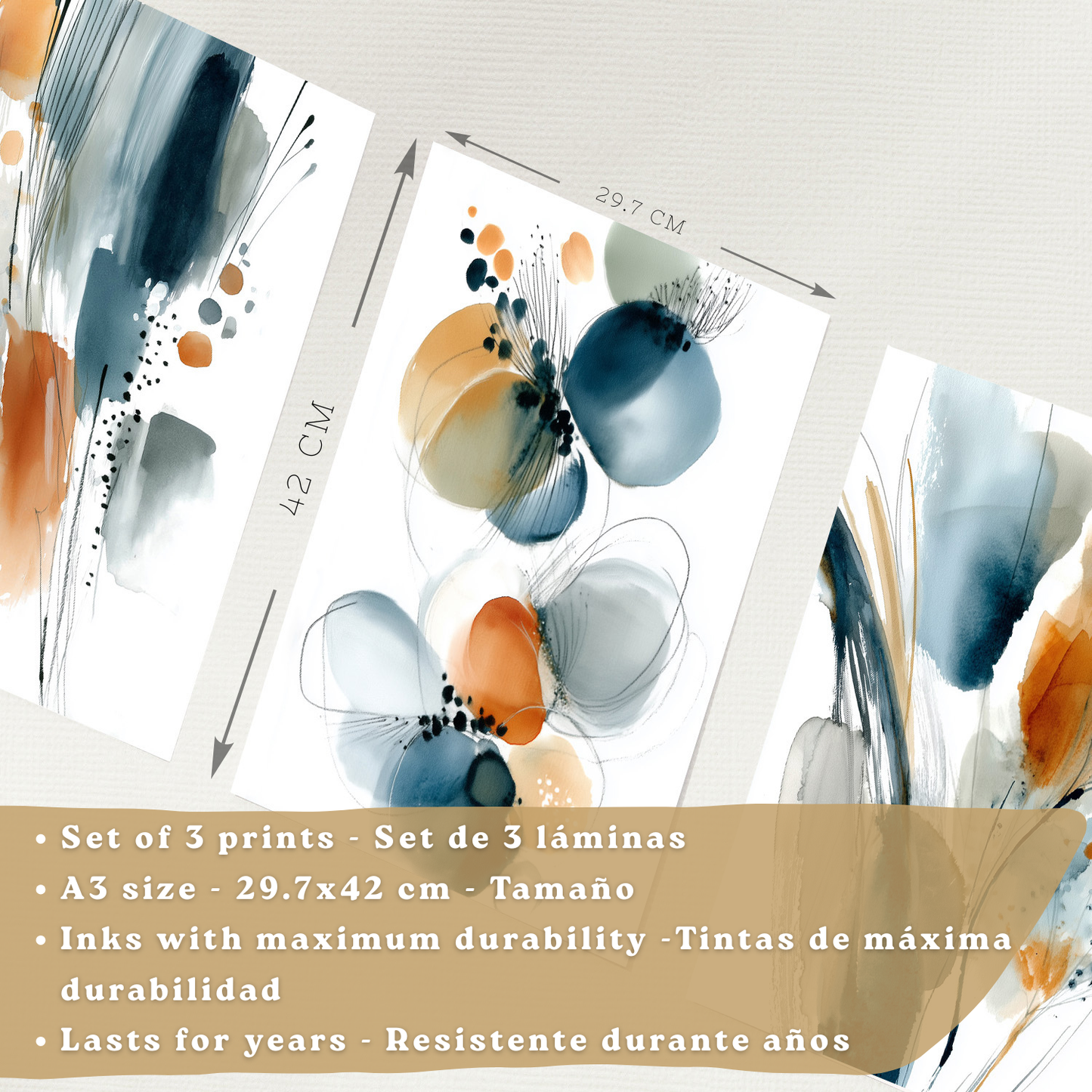 Nacnic Juego 3 Láminas Laminas Decorativas Pared Cuadros Abstractos De Acuarela, Azul, Naranja. Decoraciones Paredes. Cuadros Para Para Salón Y Dormitorio Modernos