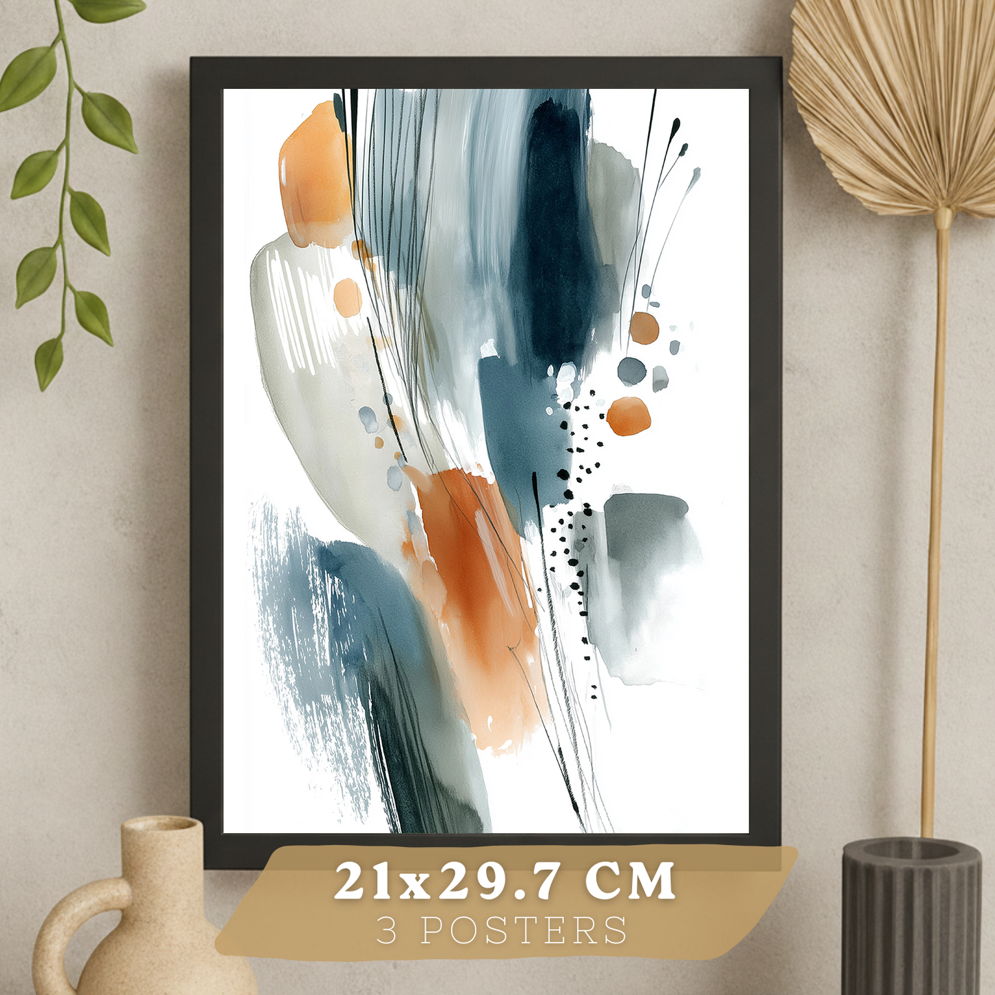 Nacnic Juego 3 Láminas Laminas Decorativas Pared Cuadros Abstractos De Acuarela, Azul, Naranja. Decoraciones Paredes. Cuadros Para Para Salón Y Dormitorio Modernos