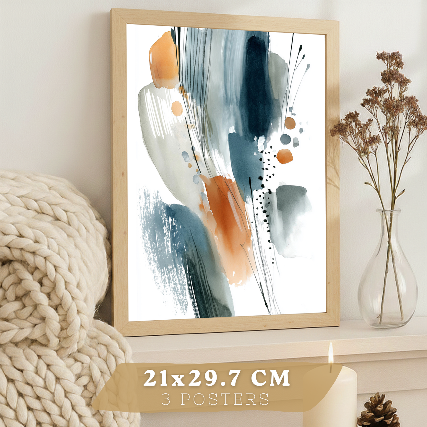 Nacnic Juego 3 Láminas Laminas Decorativas Pared Cuadros Abstractos De Acuarela, Azul, Naranja. Decoraciones Paredes. Cuadros Para Para Salón Y Dormitorio Modernos