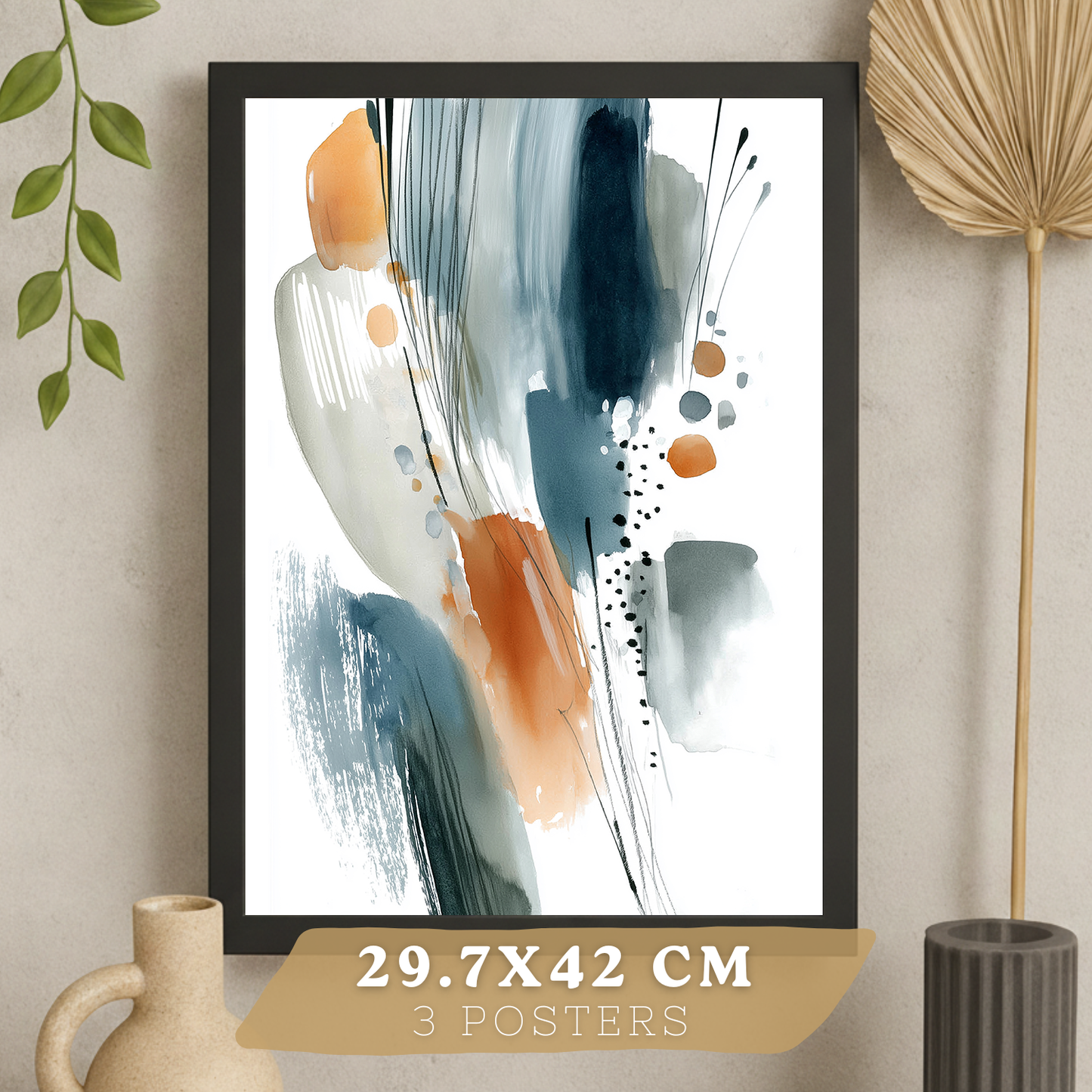 Nacnic Juego 3 Láminas Laminas Decorativas Pared Cuadros Abstractos De Acuarela, Azul, Naranja. Decoraciones Paredes. Cuadros Para Para Salón Y Dormitorio Modernos