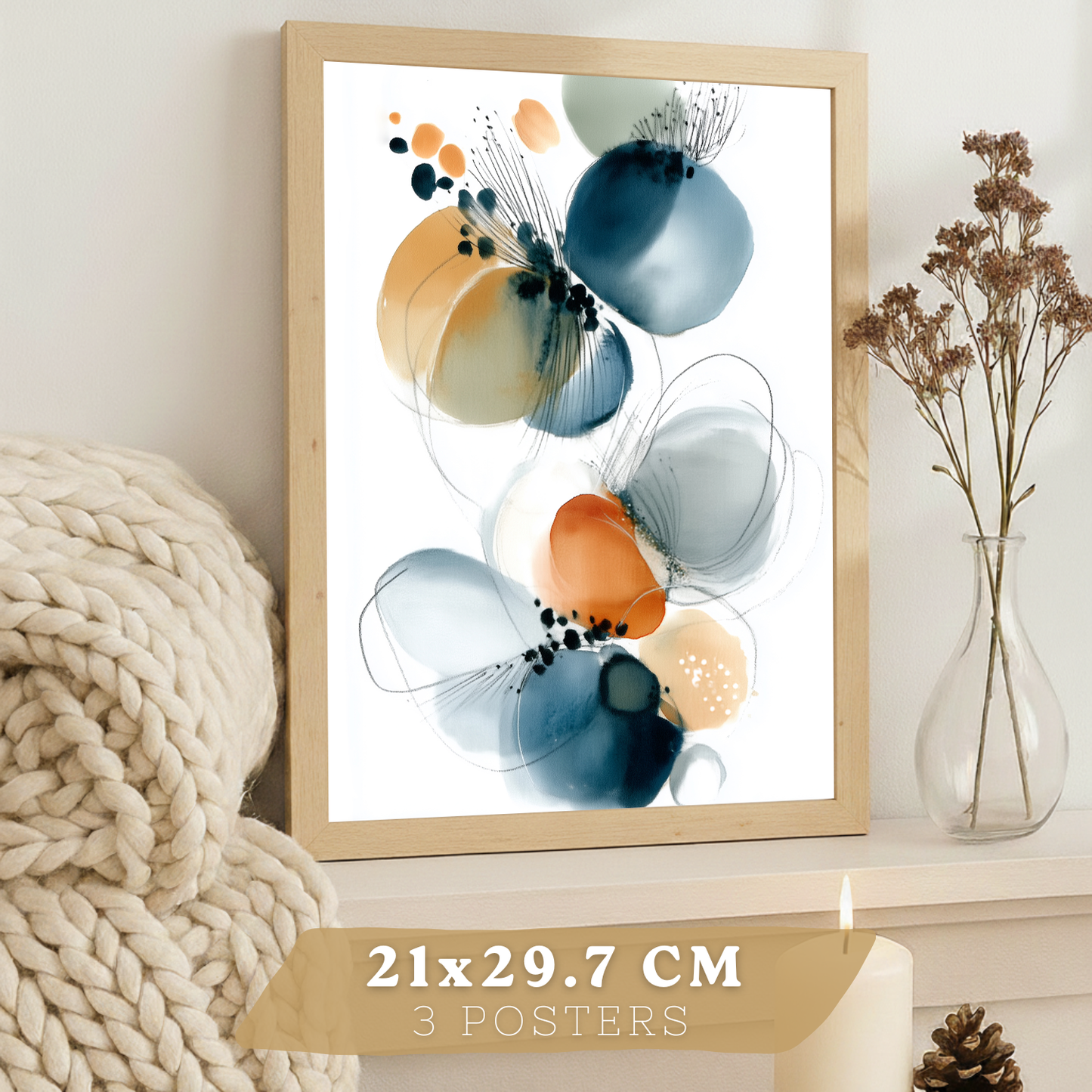 Nacnic Juego 3 Láminas Laminas Decorativas Pared Cuadros Abstractos De Acuarela, Azul, Naranja. Decoraciones Paredes. Cuadros Para Para Salón Y Dormitorio Modernos