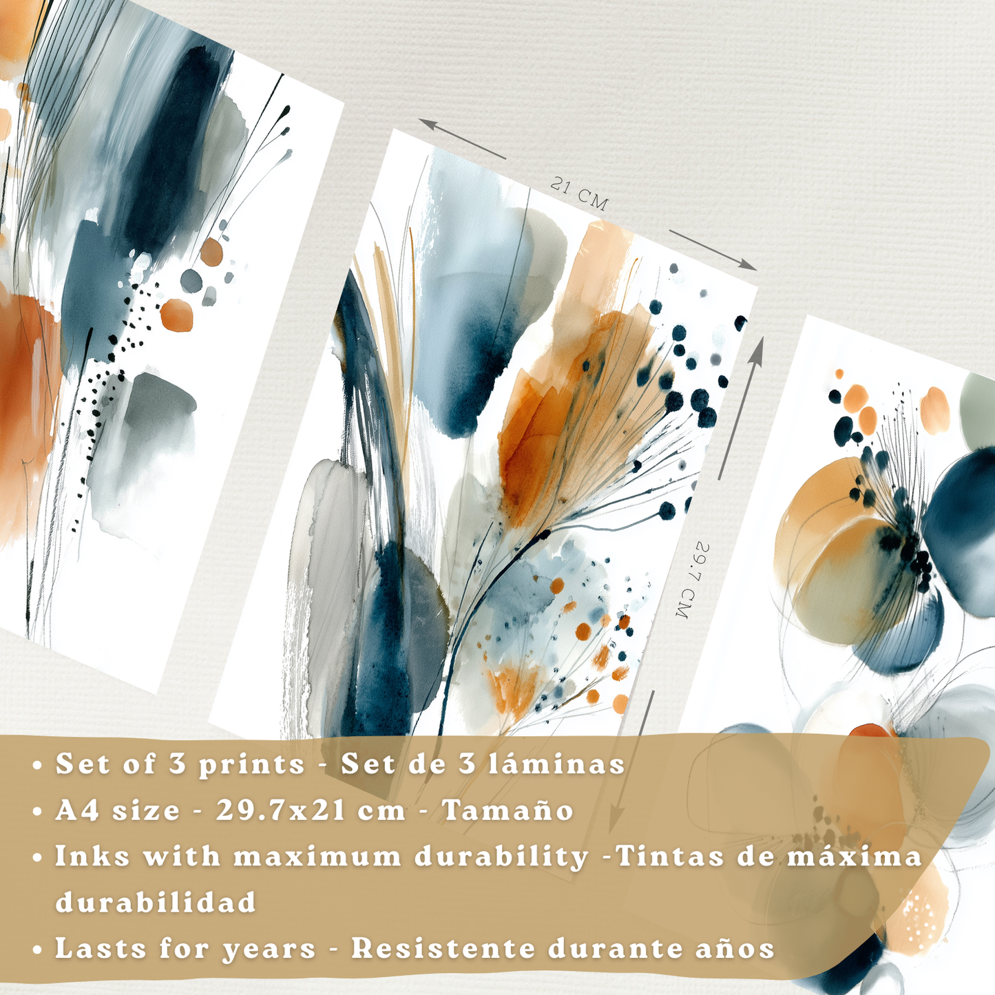 Nacnic Juego 3 Láminas Laminas Decorativas Pared Cuadros Abstractos De Acuarela, Azul, Naranja. Decoraciones Paredes. Cuadros Para Para Salón Y Dormitorio Modernos