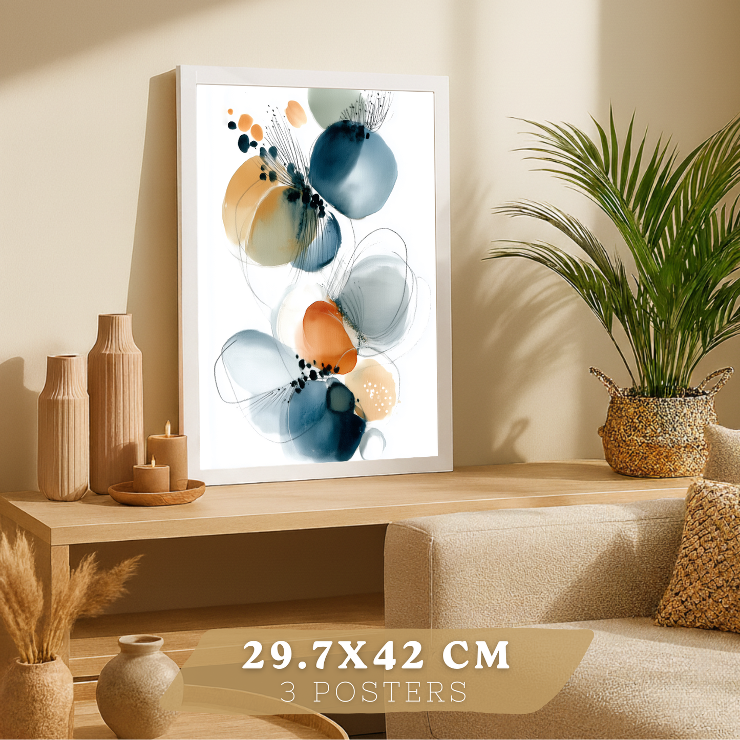 Nacnic Juego 3 Láminas Laminas Decorativas Pared Cuadros Abstractos De Acuarela, Azul, Naranja. Decoraciones Paredes. Cuadros Para Para Salón Y Dormitorio Modernos