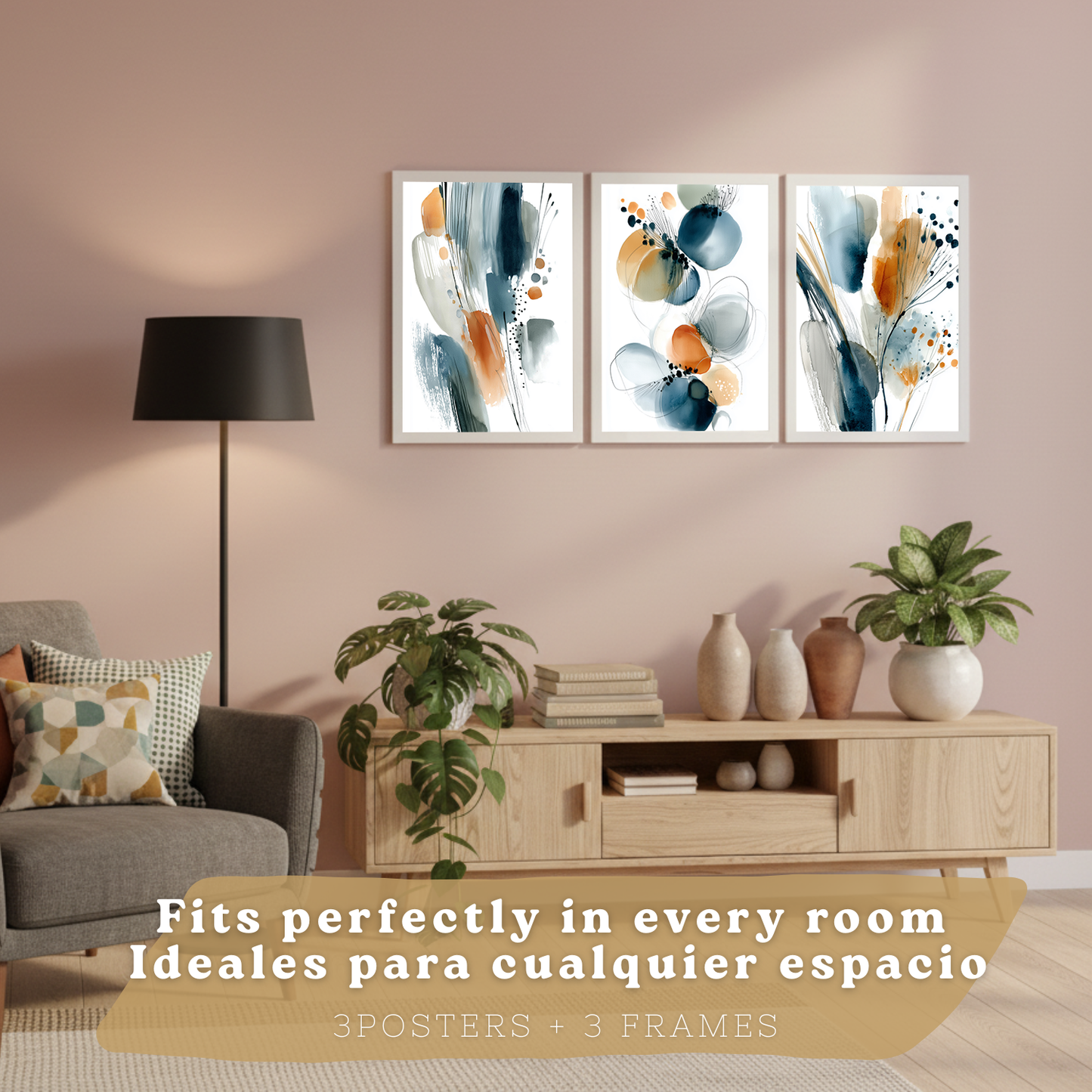 Nacnic Juego 3 Láminas Laminas Decorativas Pared Cuadros Abstractos De Acuarela, Azul, Naranja. Decoraciones Paredes. Cuadros Para Para Salón Y Dormitorio Modernos