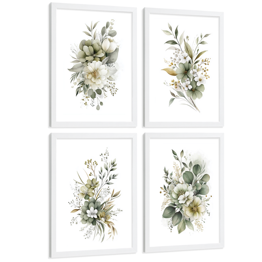 Nacnic Set De 4 Cuadros De Arte Botanico. Laminas Decorativas Pared Floral Acuarela De Flores Verdes Minimalistas. Laminas Decorativas Pared Para Salón Y Dormitorio