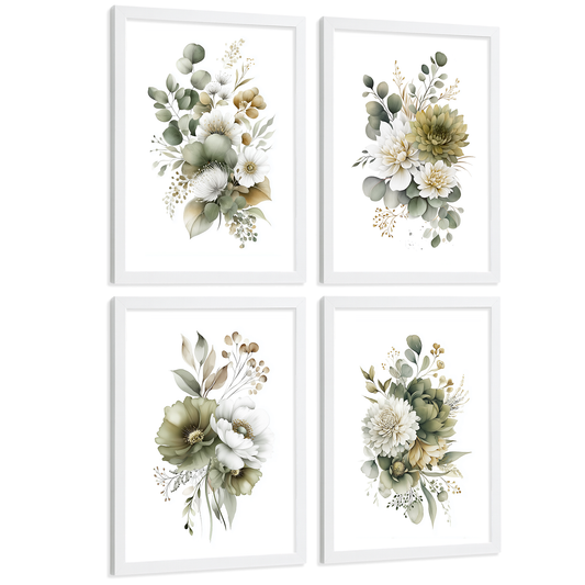 Nacnic Set De 4 Cuadros De Arte Boho Botanico. Laminas Decorativas Pared Floral Acuarela De Flores Verdes Minimalistas. Laminas Decorativas Pared Para Salón Y Dormitorio
