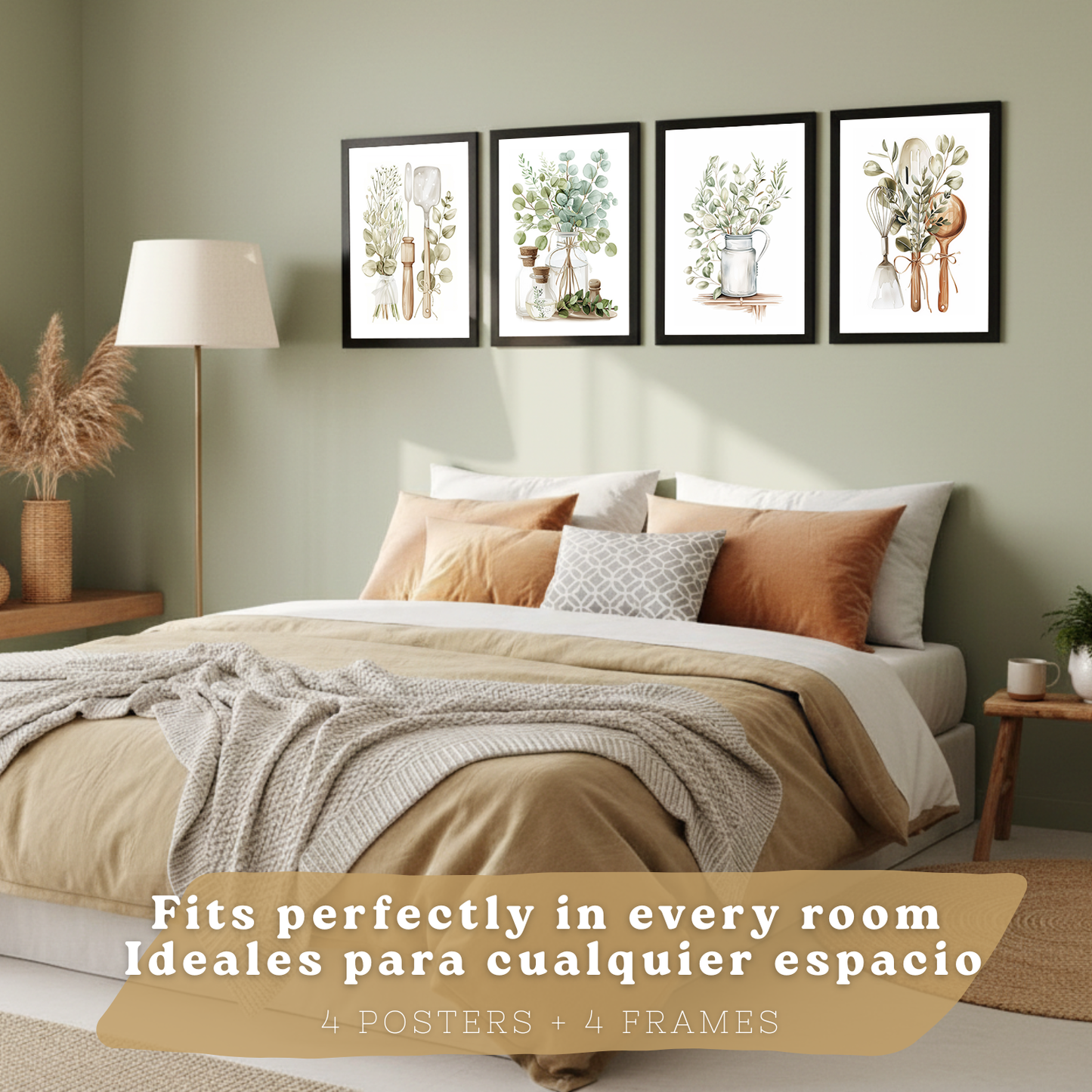 Nacnic Juego De 4 Lámnas Decorativas Pared Cocina Botanica.Estilo Rural Bohemico. Cocina Rustica. Plantas Verdes, Laminas Decorativas Pared Para Salón Y Dormitorio