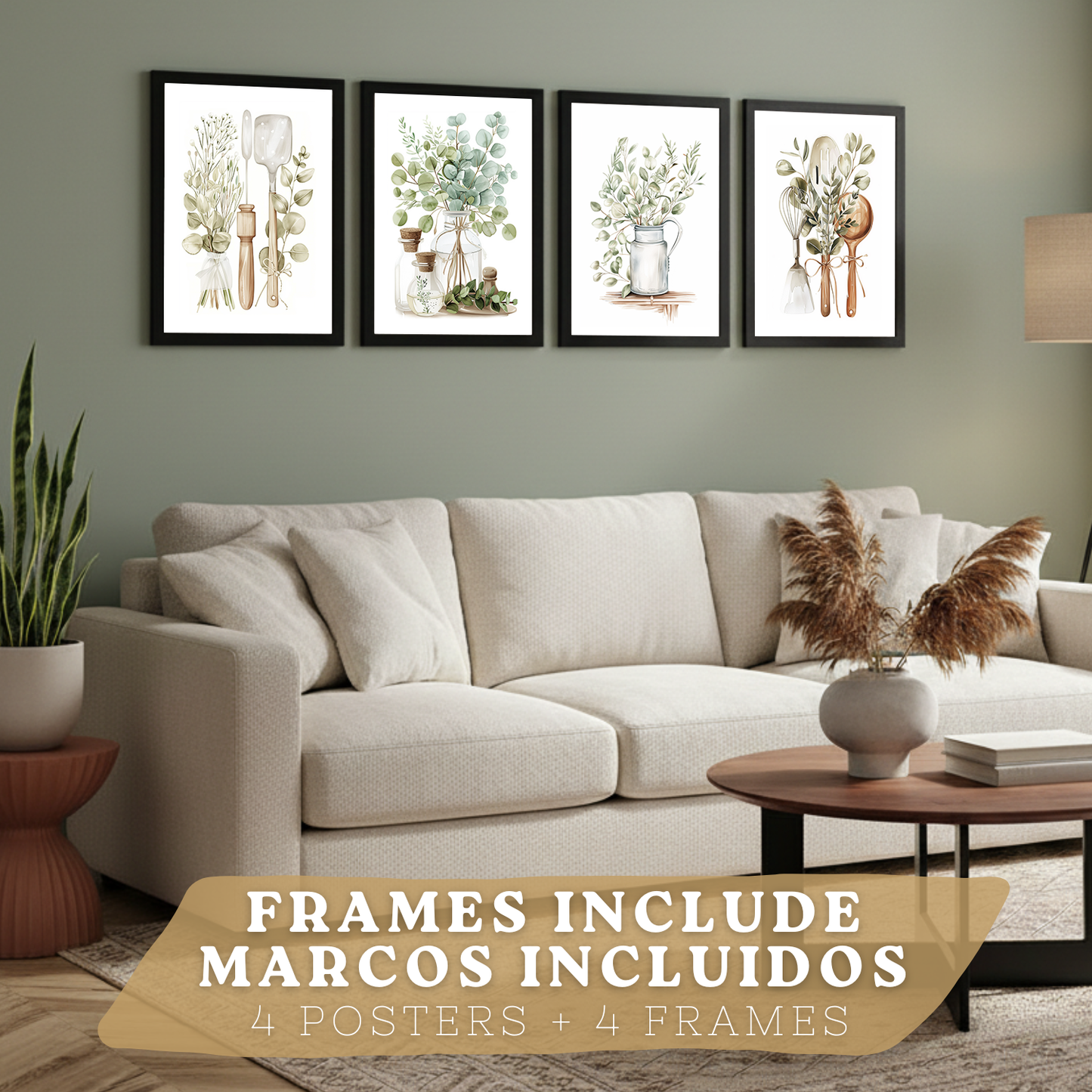 Nacnic Juego De 4 Lámnas Decorativas Pared Cocina Botanica.Estilo Rural Bohemico. Cocina Rustica. Plantas Verdes, Laminas Decorativas Pared Para Salón Y Dormitorio