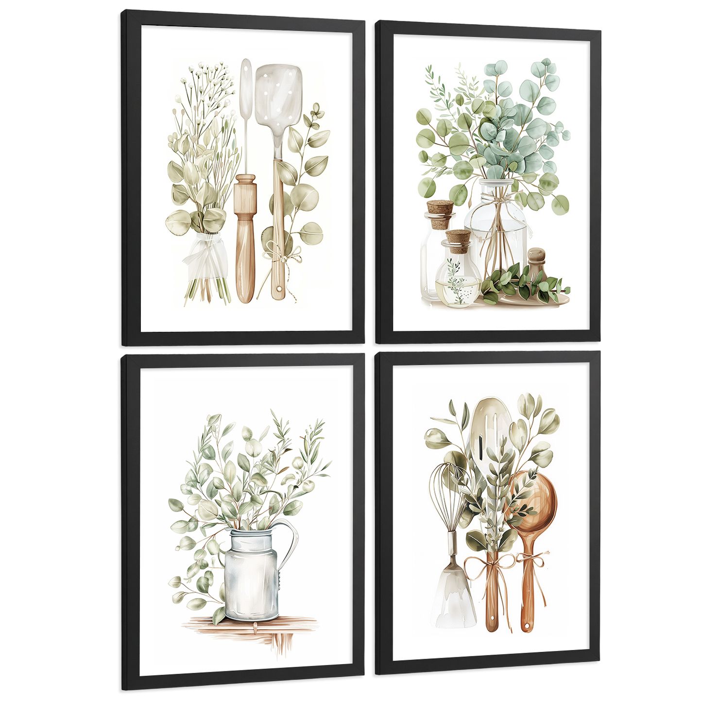 Nacnic Juego De 4 Lámnas Decorativas Pared Cocina Botanica.Estilo Rural Bohemico. Cocina Rustica. Plantas Verdes, Laminas Decorativas Pared Para Salón Y Dormitorio