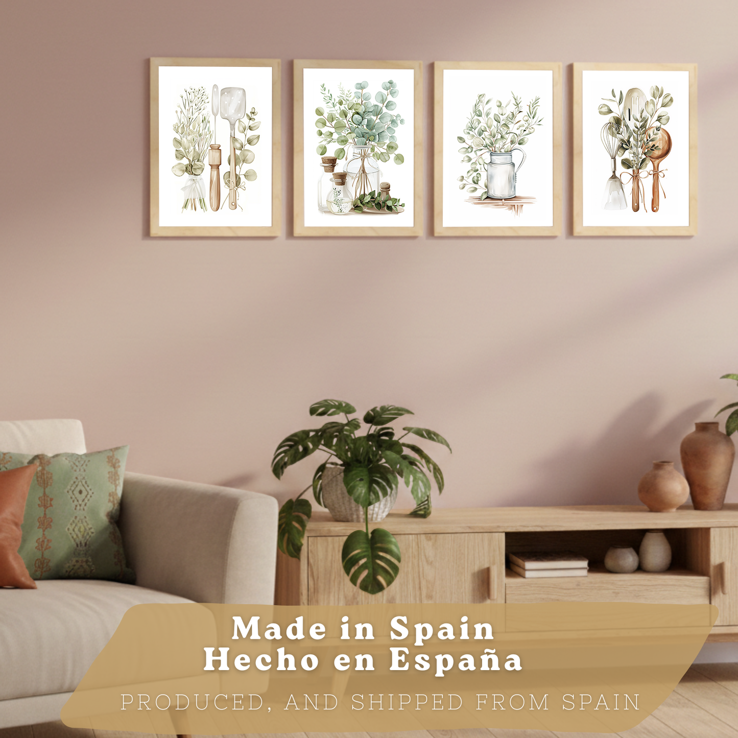 Nacnic Juego De 4 Lámnas Decorativas Pared Cocina Botanica.Estilo Rural Bohemico. Cocina Rustica. Plantas Verdes, Laminas Decorativas Pared Para Salón Y Dormitorio