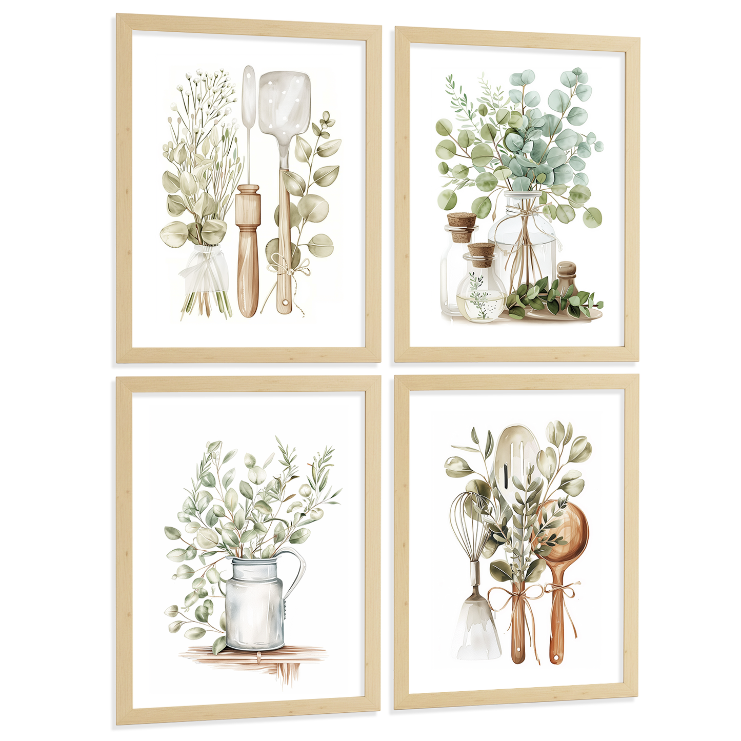 Nacnic Juego De 4 Lámnas Decorativas Pared Cocina Botanica.Estilo Rural Bohemico. Cocina Rustica. Plantas Verdes, Laminas Decorativas Pared Para Salón Y Dormitorio