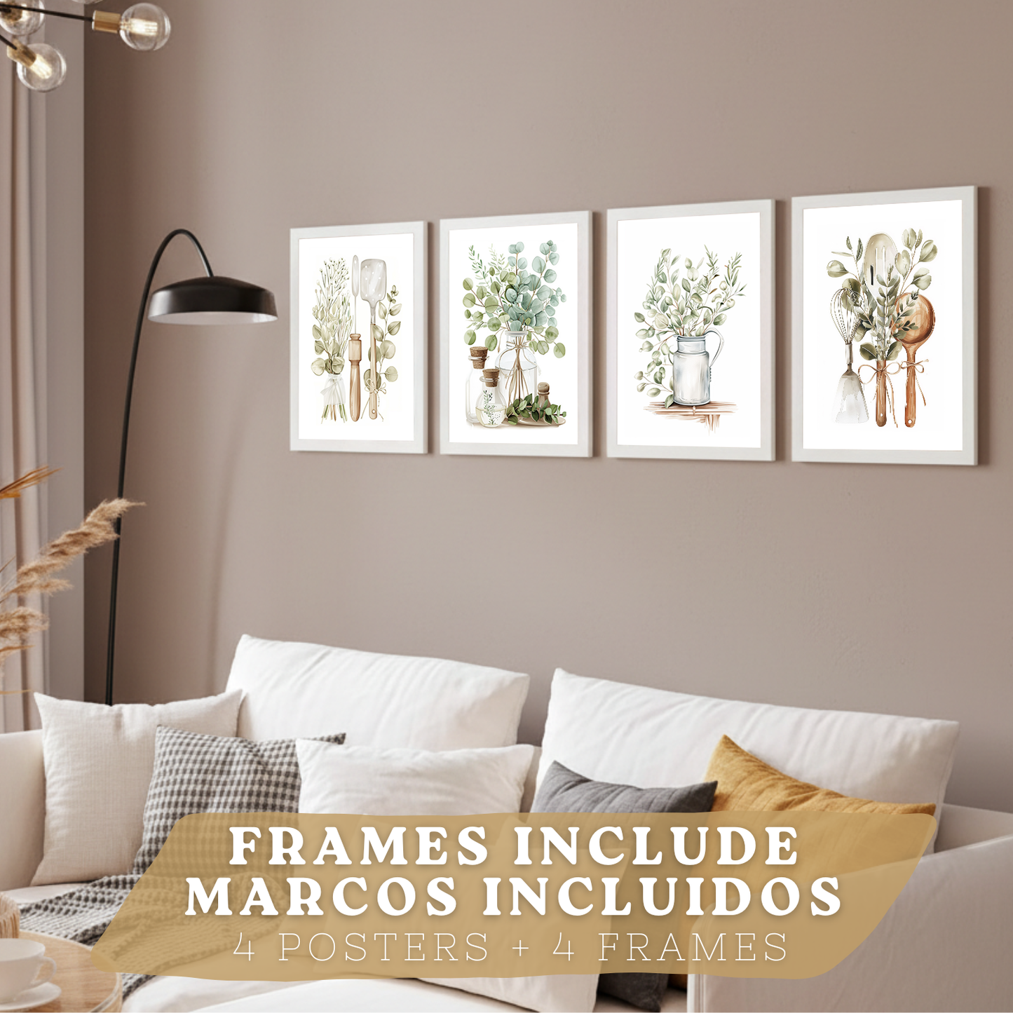 Nacnic Juego De 4 Lámnas Decorativas Pared Cocina Botanica.Estilo Rural Bohemico. Cocina Rustica. Plantas Verdes, Laminas Decorativas Pared Para Salón Y Dormitorio