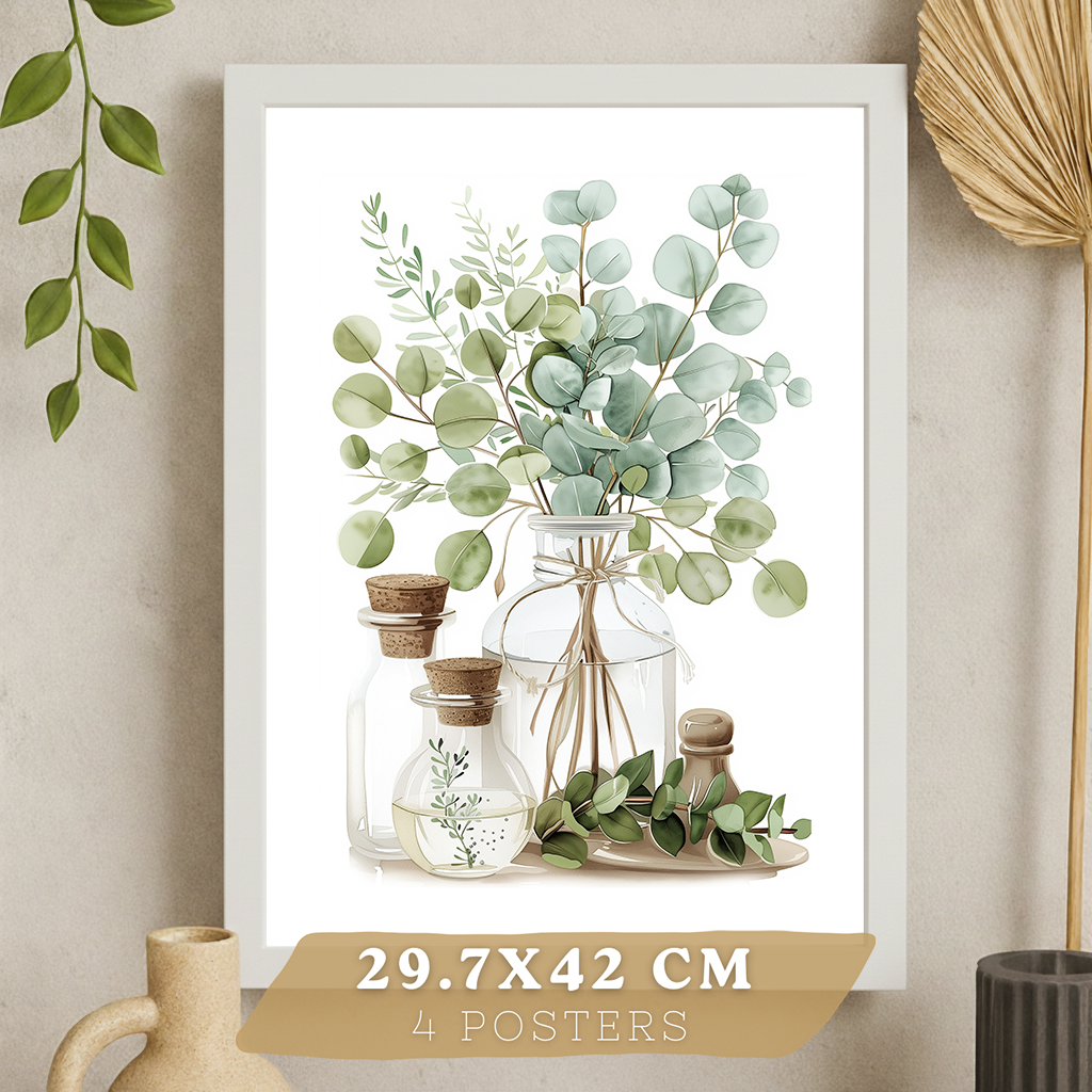 Nacnic Juego De 4 Lámnas Decorativas Pared Cocina Botanica.Estilo Rural Bohemico. Cocina Rustica. Plantas Verdes, Laminas Decorativas Pared Para Salón Y Dormitorio