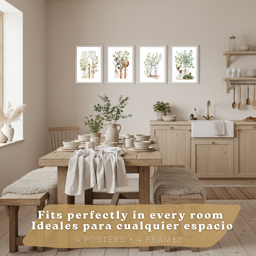 Nacnic Juego De 4 Lámnas Decorativas Pared Cocina Botanica.Estilo Rural Bohemico. Cocina Rustica. Plantas Verdes, Laminas Decorativas Pared Para Salón Y Dormitorio