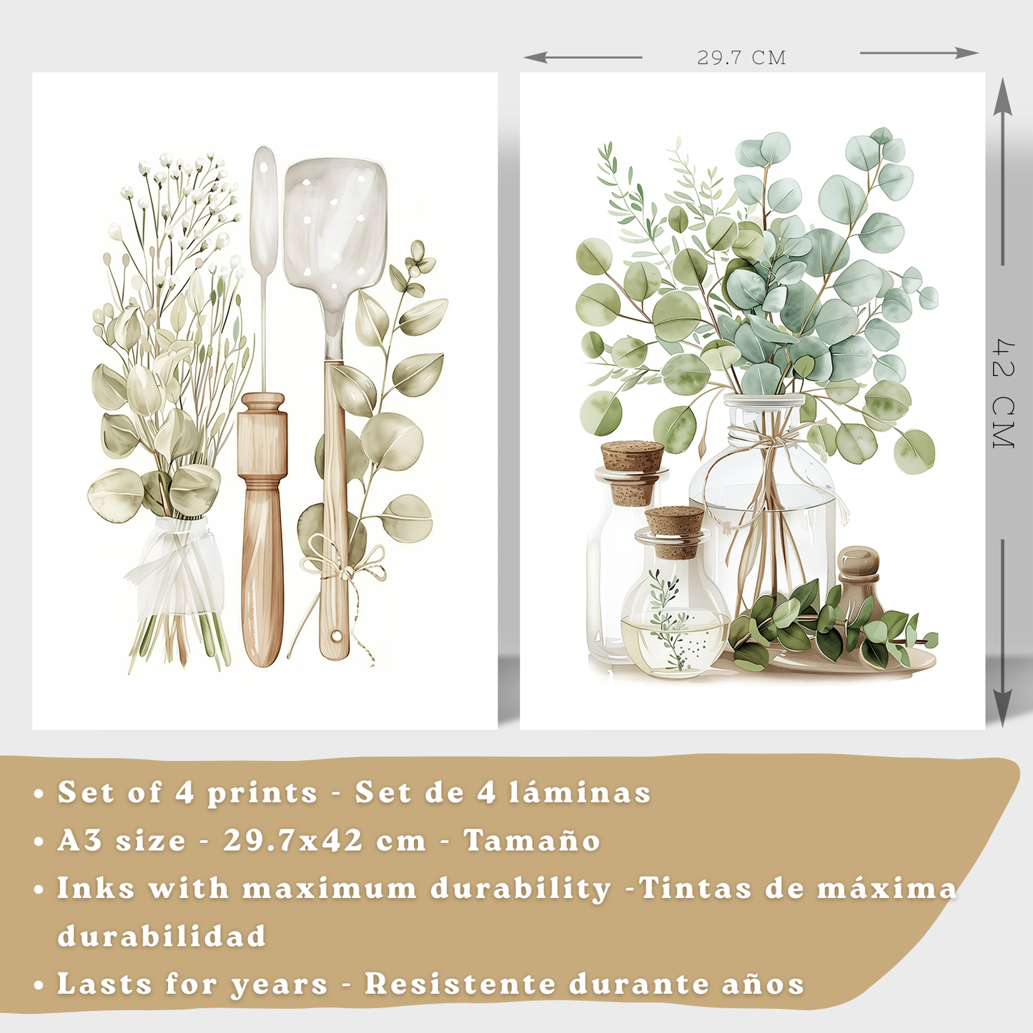 Nacnic Juego De 4 Lámnas Decorativas Pared Cocina Botanica.Estilo Rural Bohemico. Cocina Rustica. Plantas Verdes, Laminas Decorativas Pared Para Salón Y Dormitorio