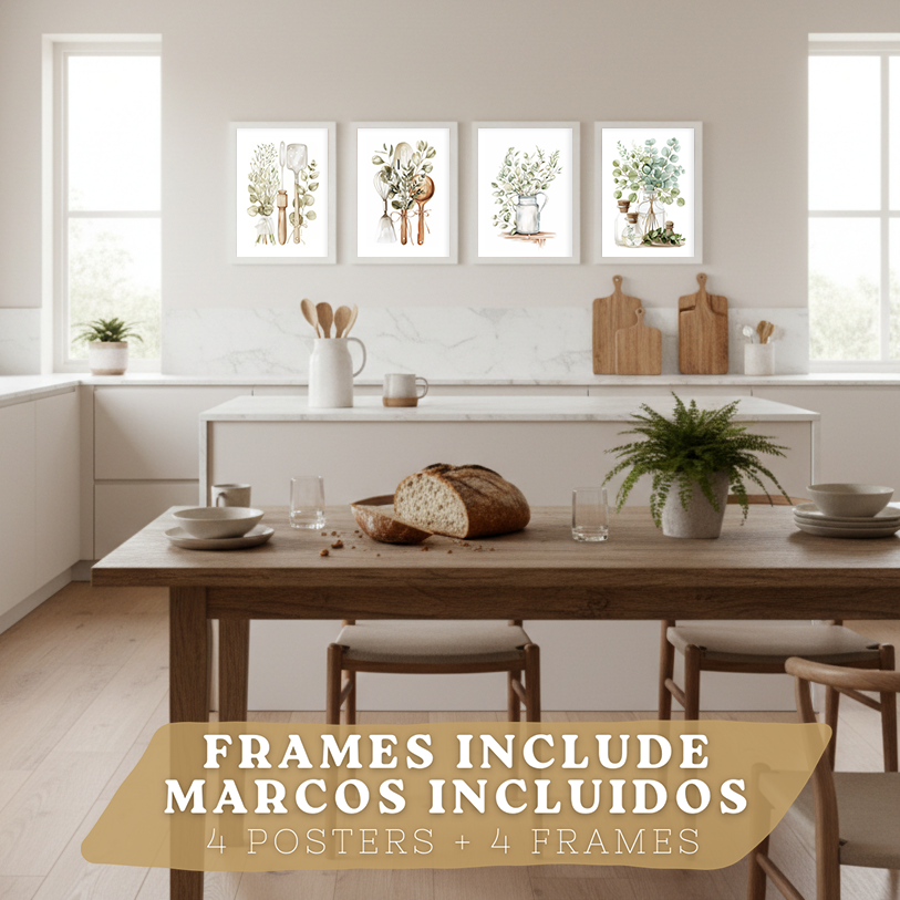 Nacnic Juego De 4 Lámnas Decorativas Pared Cocina Botanica.Estilo Rural Bohemico. Cocina Rustica. Plantas Verdes, Laminas Decorativas Pared Para Salón Y Dormitorio