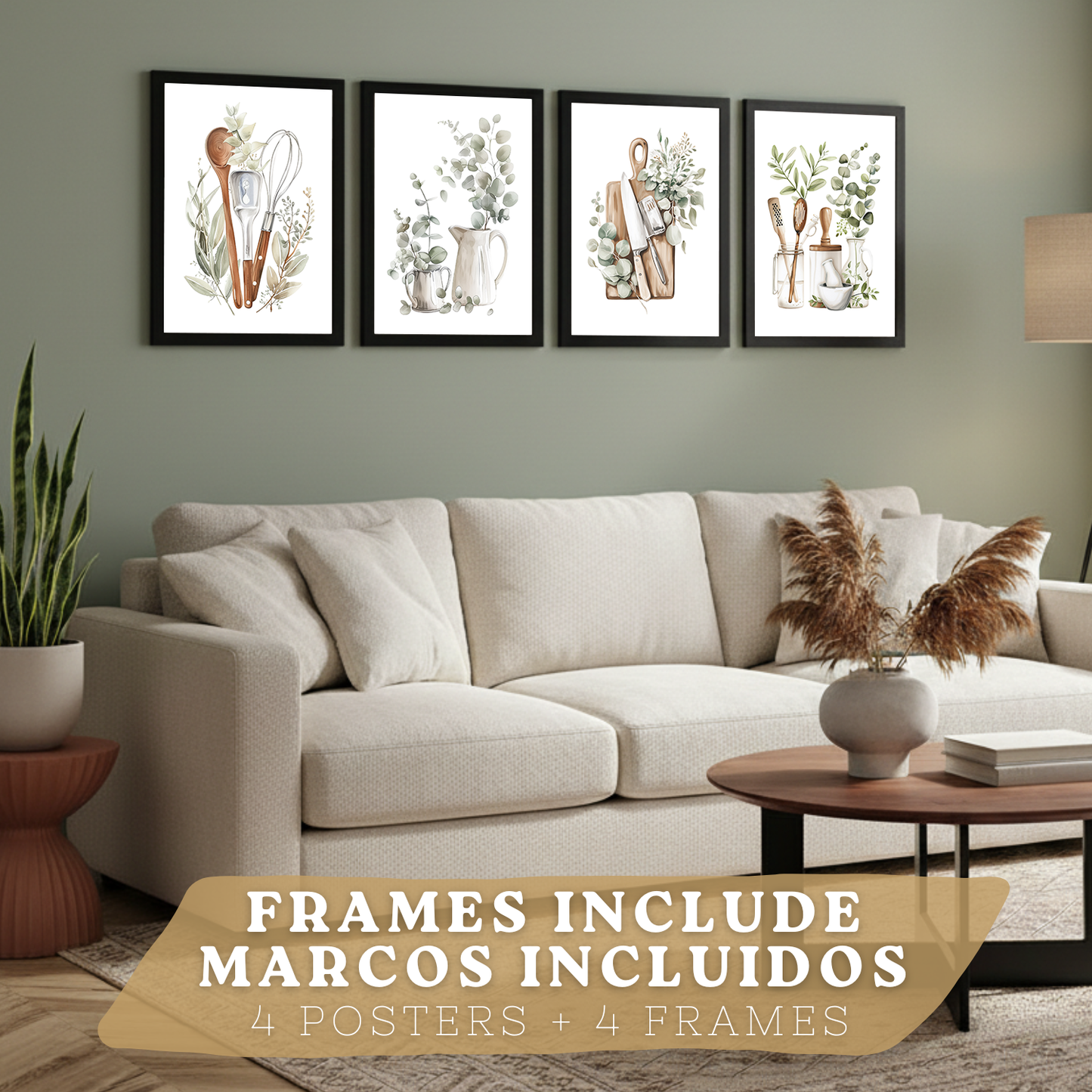 Nacnic Juego De 4 Lámnas Decorativas Pared Cocina Botanica.Estilo Rural Bohemico. Cocina Rustica. Plantas Y Cubiertos, Laminas Decorativas Pared Para Salón Y Dormitorio