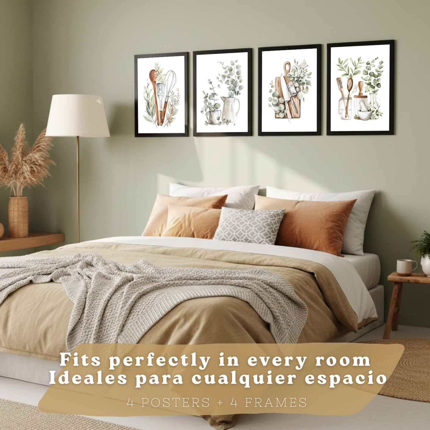 Nacnic Juego De 4 Lámnas Decorativas Pared Cocina Botanica.Estilo Rural Bohemico. Cocina Rustica. Plantas Y Cubiertos, Laminas Decorativas Pared Para Salón Y Dormitorio