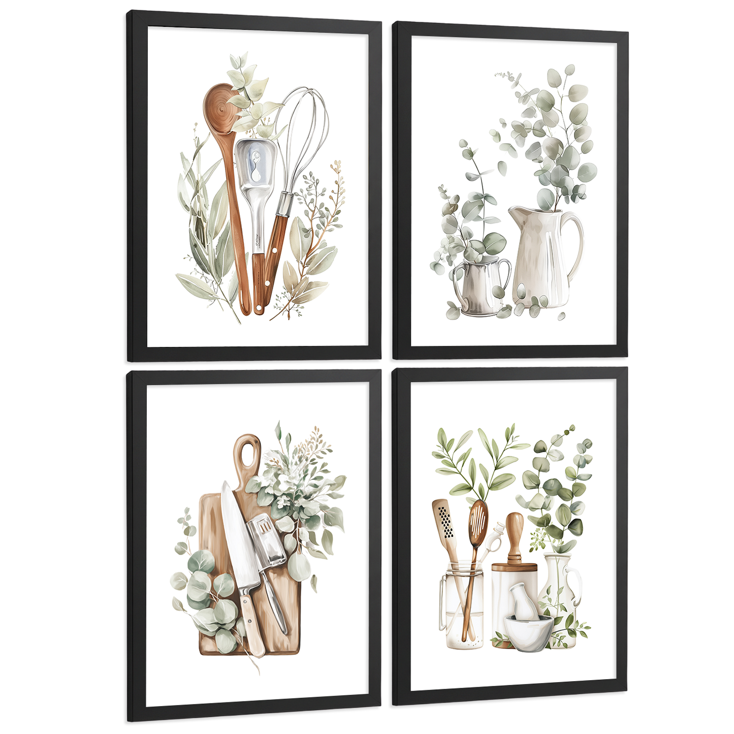 Nacnic Juego De 4 Lámnas Decorativas Pared Cocina Botanica.Estilo Rural Bohemico. Cocina Rustica. Plantas Y Cubiertos, Laminas Decorativas Pared Para Salón Y Dormitorio