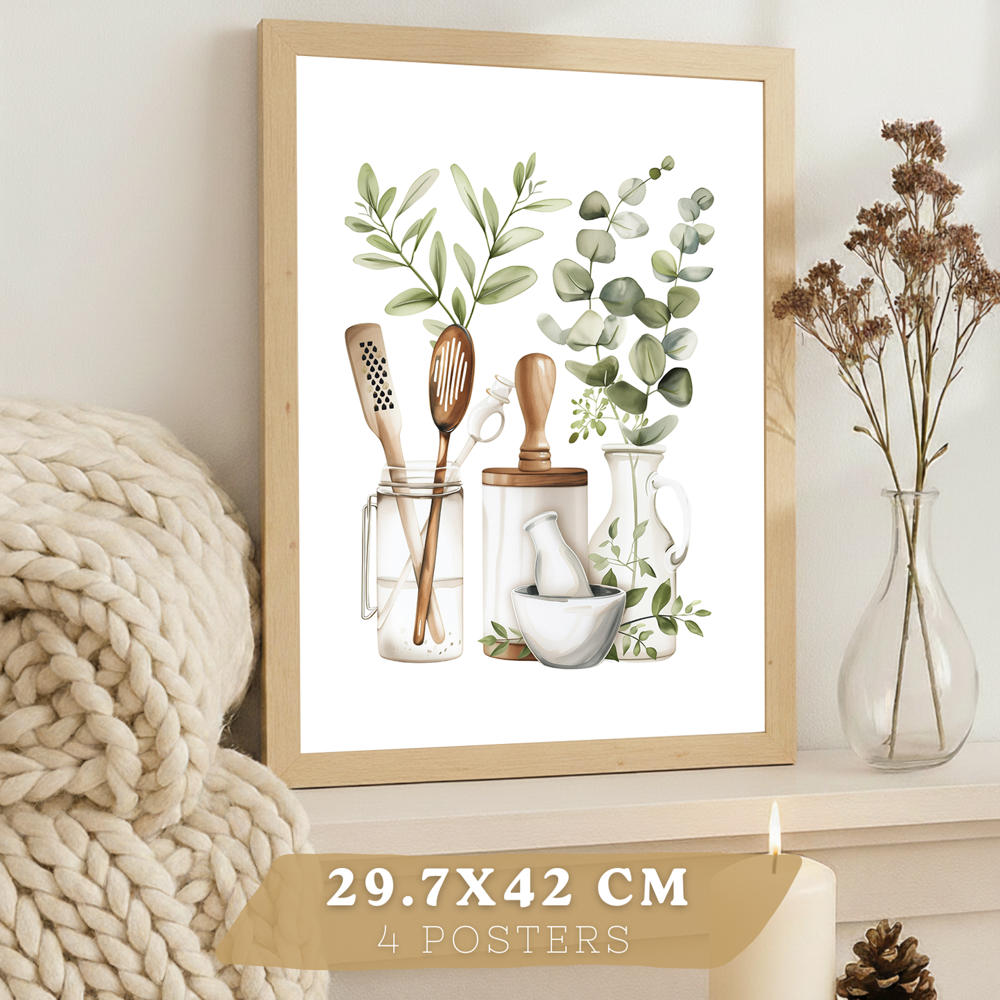 Nacnic Juego De 4 Lámnas Decorativas Pared Cocina Botanica.Estilo Rural Bohemico. Cocina Rustica. Plantas Y Cubiertos, Laminas Decorativas Pared Para Salón Y Dormitorio