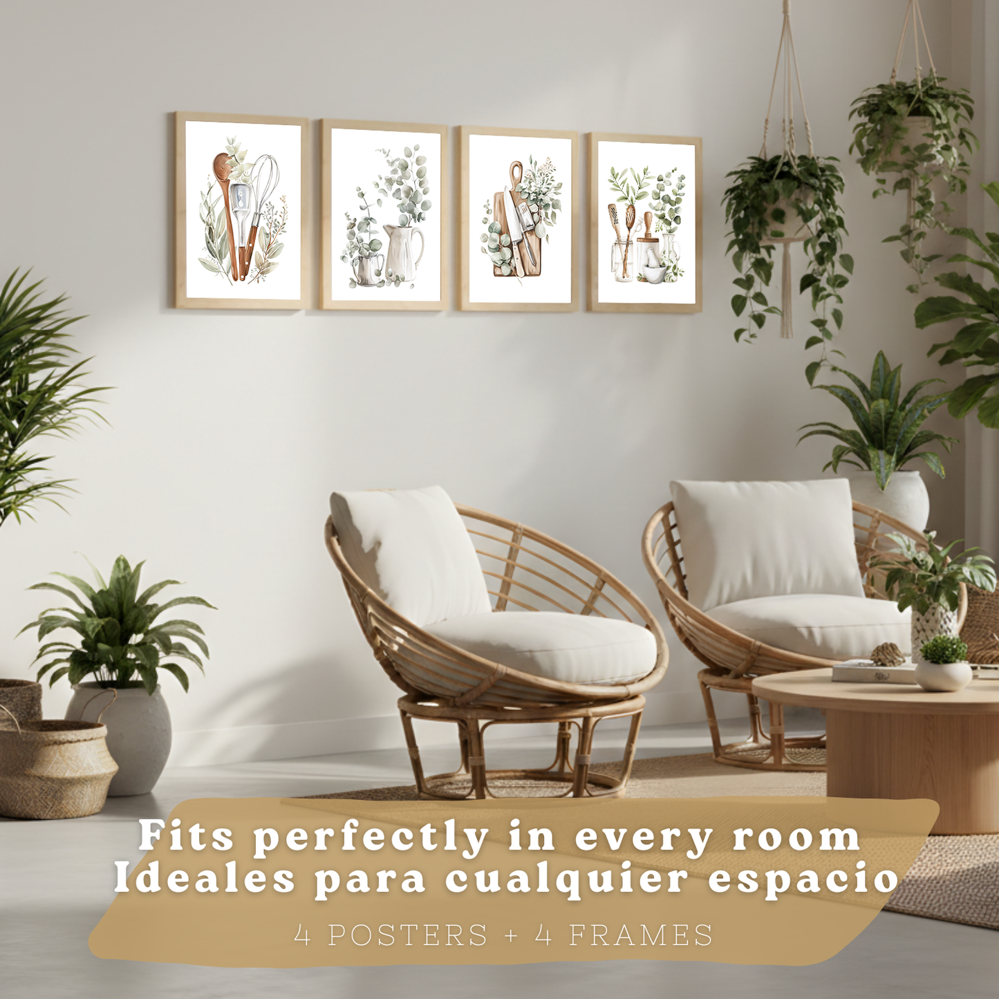 Nacnic Juego De 4 Lámnas Decorativas Pared Cocina Botanica.Estilo Rural Bohemico. Cocina Rustica. Plantas Y Cubiertos, Laminas Decorativas Pared Para Salón Y Dormitorio