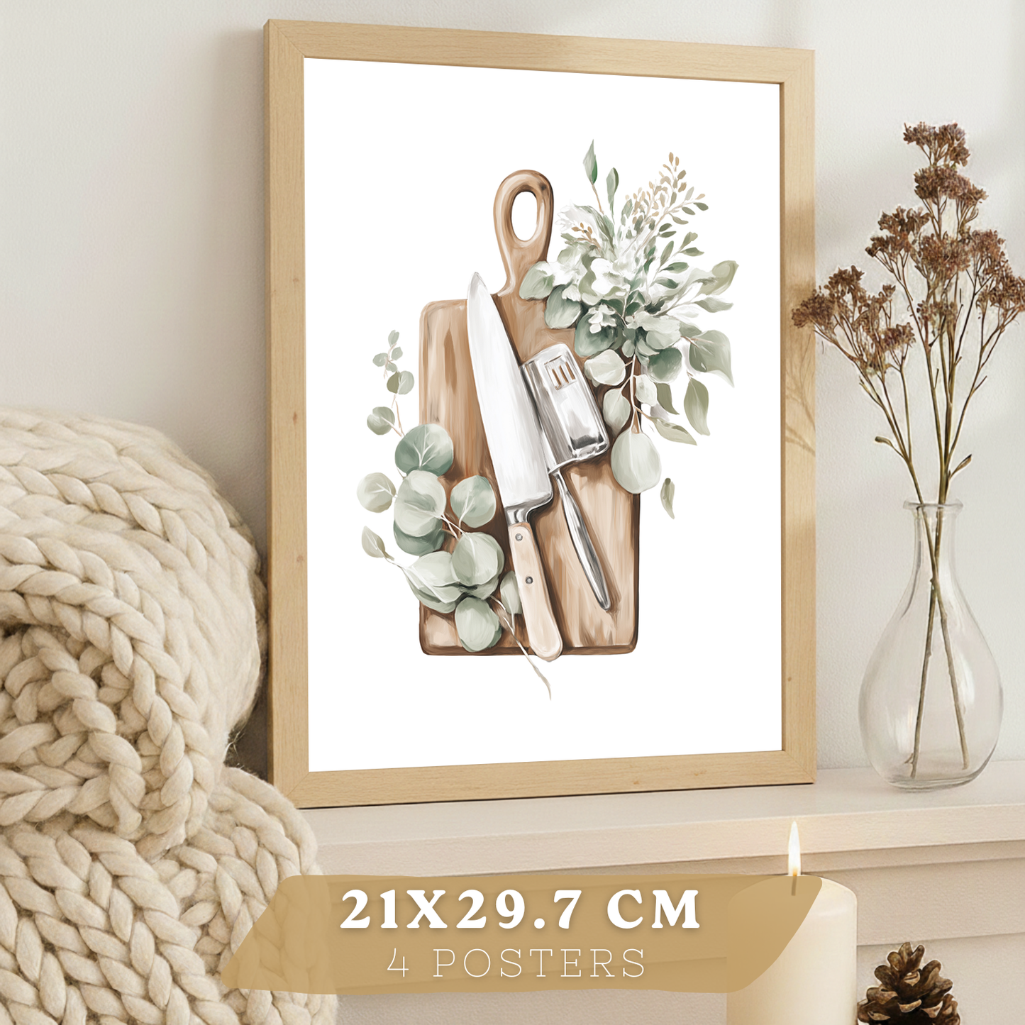 Nacnic Juego De 4 Lámnas Decorativas Pared Cocina Botanica.Estilo Rural Bohemico. Cocina Rustica. Plantas Y Cubiertos, Laminas Decorativas Pared Para Salón Y Dormitorio