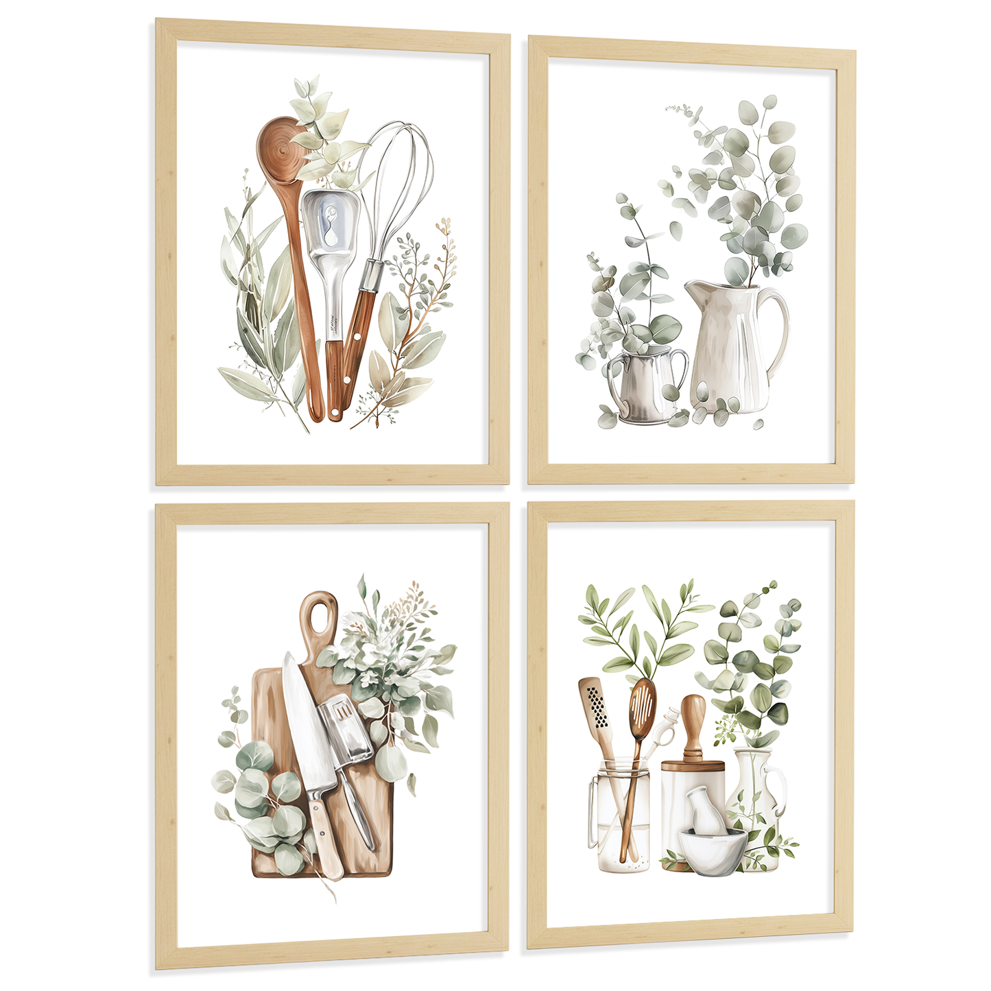 Nacnic Juego De 4 Lámnas Decorativas Pared Cocina Botanica.Estilo Rural Bohemico. Cocina Rustica. Plantas Y Cubiertos, Laminas Decorativas Pared Para Salón Y Dormitorio