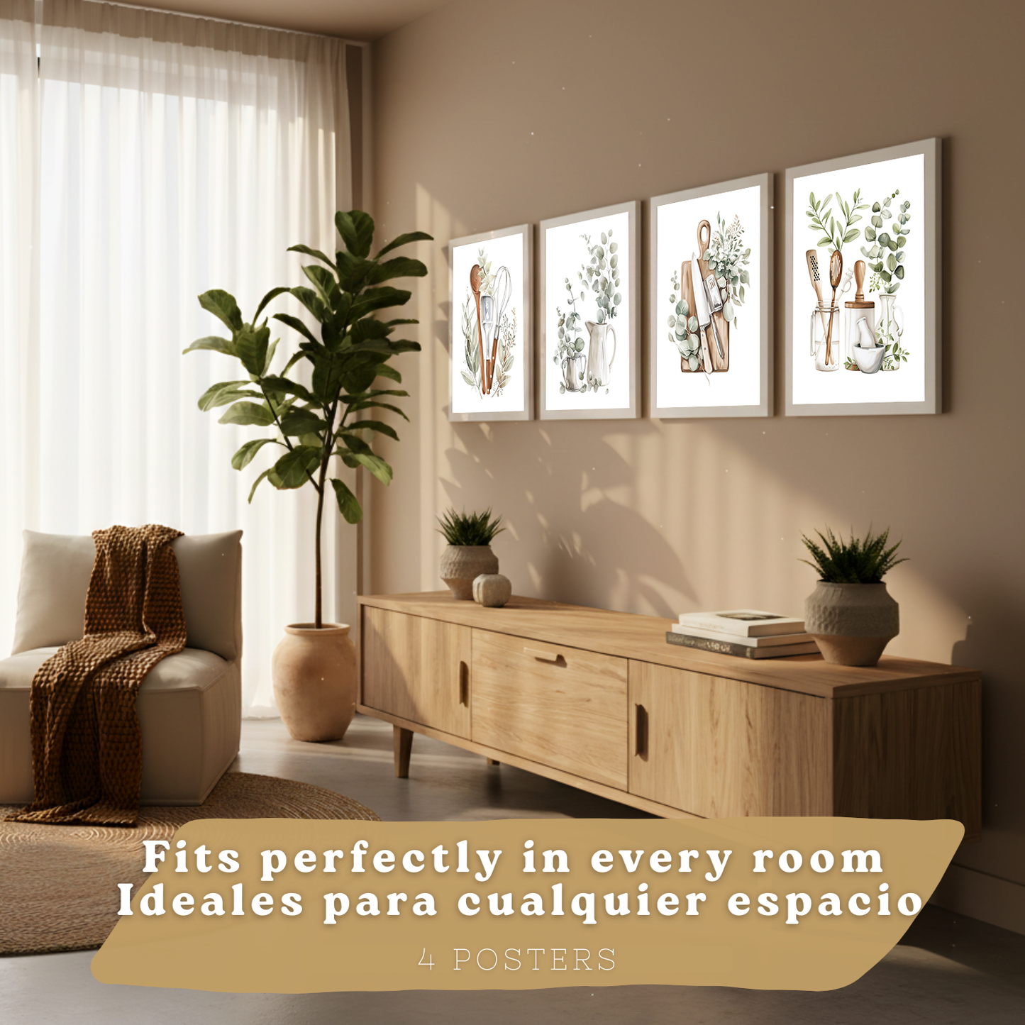 Nacnic Juego De 4 Lámnas Decorativas Pared Cocina Botanica.Estilo Rural Bohemico. Cocina Rustica. Plantas Y Cubiertos, Laminas Decorativas Pared Para Salón Y Dormitorio