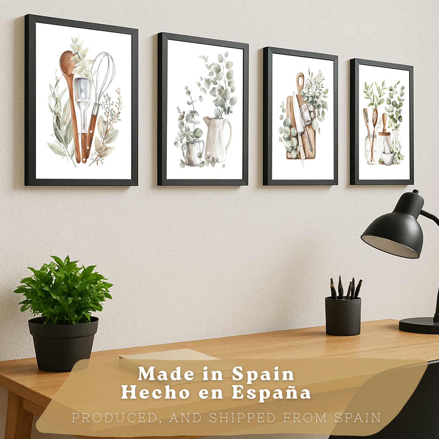 Nacnic Juego De 4 Lámnas Decorativas Pared Cocina Botanica.Estilo Rural Bohemico. Cocina Rustica. Plantas Y Cubiertos, Laminas Decorativas Pared Para Salón Y Dormitorio