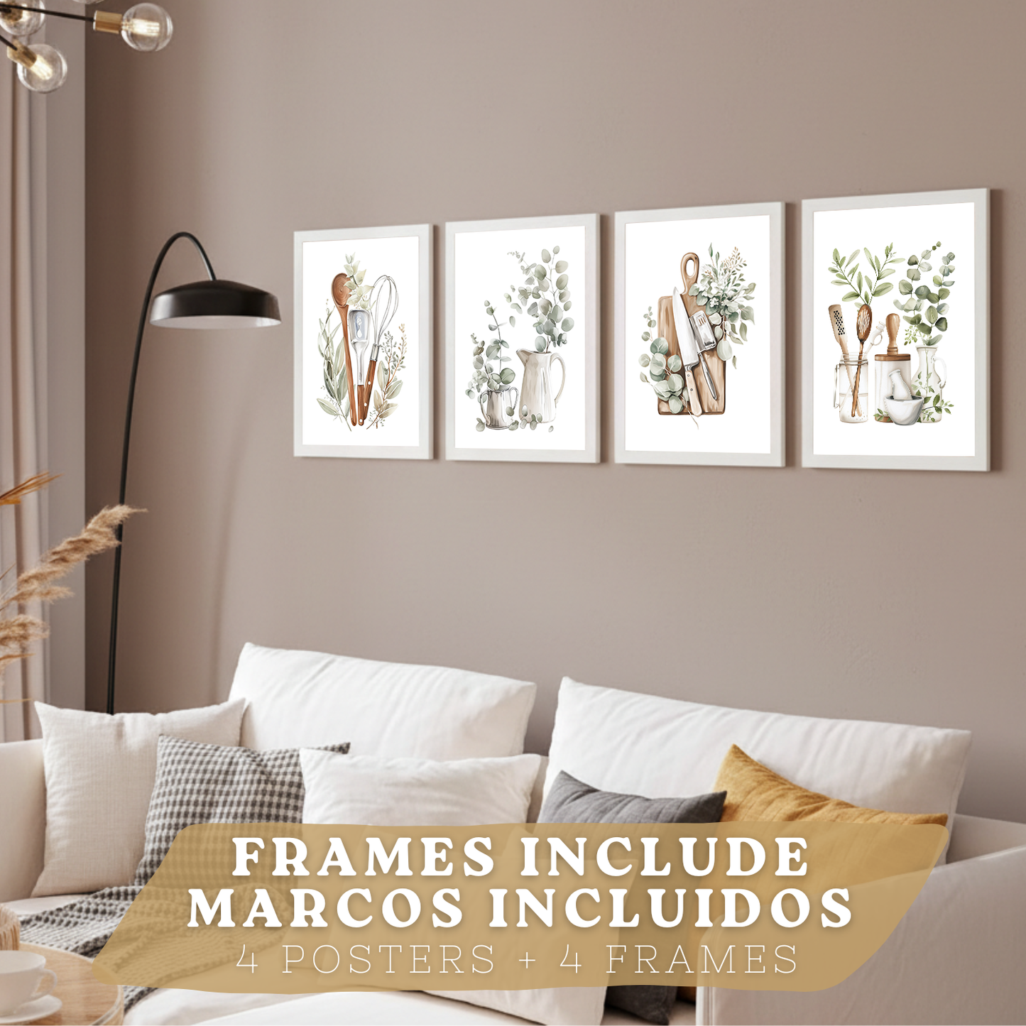 Nacnic Juego De 4 Lámnas Decorativas Pared Cocina Botanica.Estilo Rural Bohemico. Cocina Rustica. Plantas Y Cubiertos, Laminas Decorativas Pared Para Salón Y Dormitorio