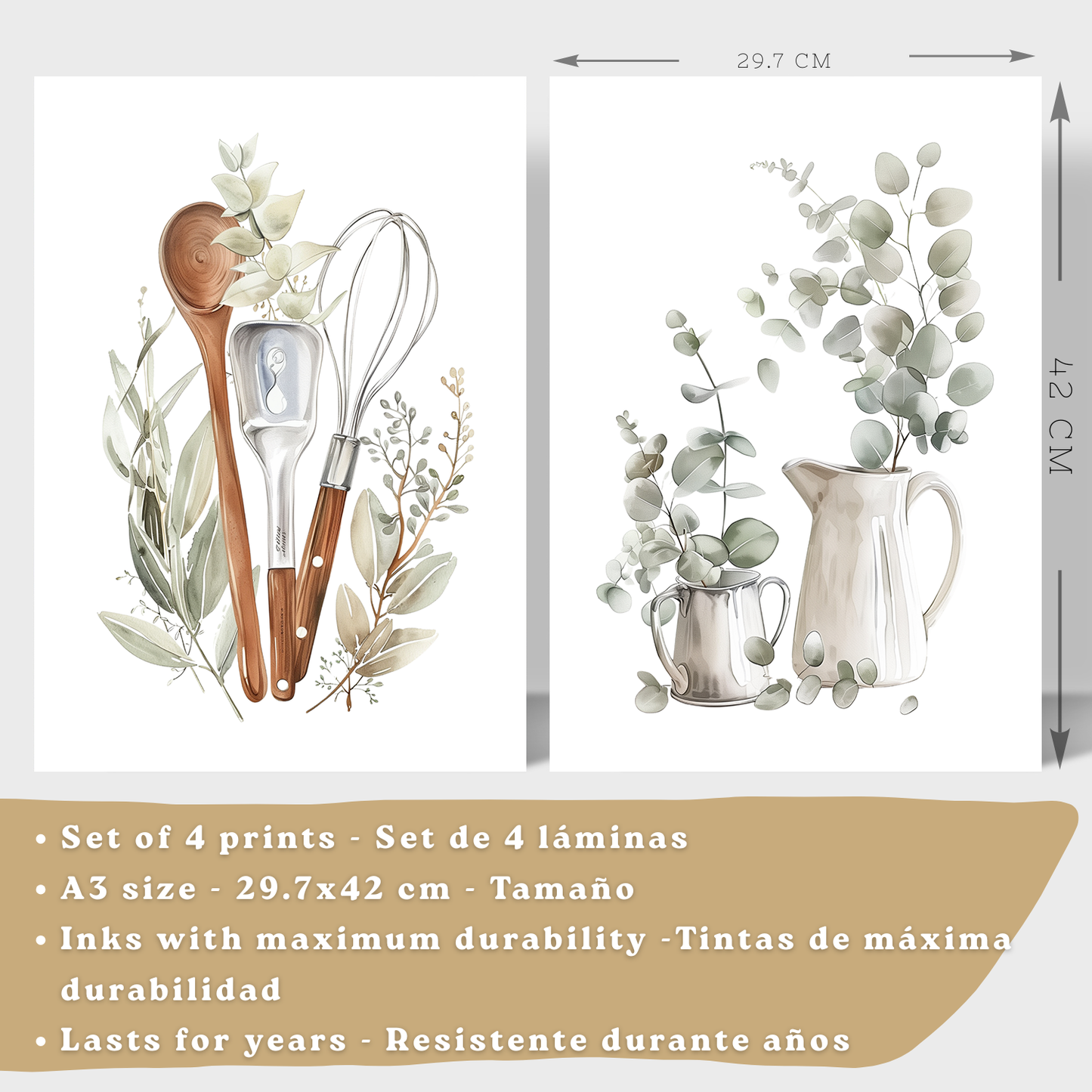 Nacnic Juego De 4 Lámnas Decorativas Pared Cocina Botanica.Estilo Rural Bohemico. Cocina Rustica. Plantas Y Cubiertos, Laminas Decorativas Pared Para Salón Y Dormitorio