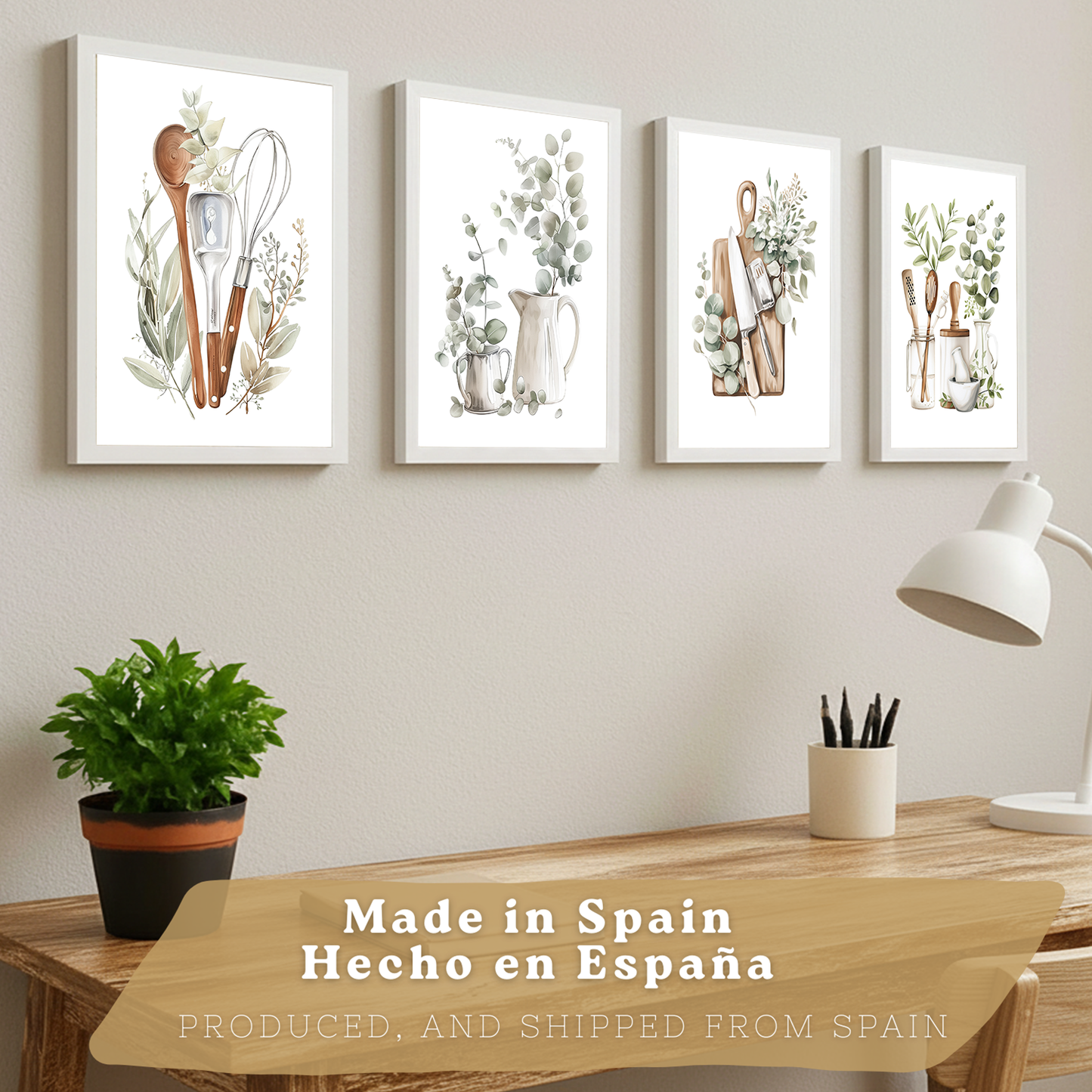 Nacnic Juego De 4 Lámnas Decorativas Pared Cocina Botanica.Estilo Rural Bohemico. Cocina Rustica. Plantas Y Cubiertos, Laminas Decorativas Pared Para Salón Y Dormitorio