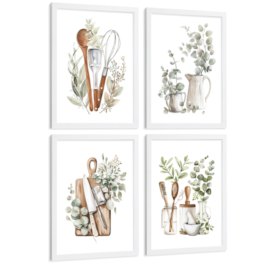 Nacnic Juego De 4 Lámnas Decorativas Pared Cocina Botanica.Estilo Rural Bohemico. Cocina Rustica. Plantas Y Cubiertos, Laminas Decorativas Pared Para Salón Y Dormitorio