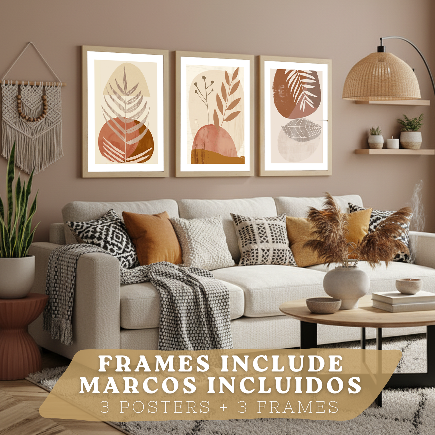 Nacnic Set De 3 Laminas Pared Abstractas Para Cuadros Salon Modernos.Poster Tonos Marrones Florales. Cuadros Naturaleza. Laminas Decorativas Pared Para Dormitorio