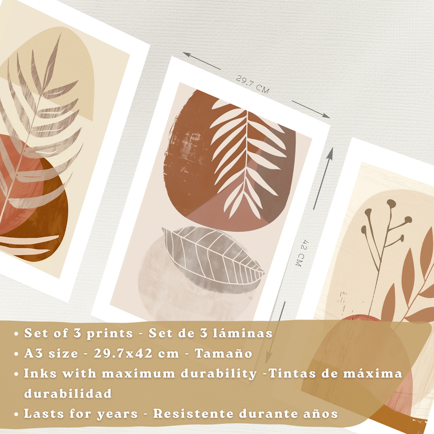 Nacnic Set De 3 Laminas Pared Abstractas Para Cuadros Salon Modernos.Poster Tonos Marrones Florales. Cuadros Naturaleza. Laminas Decorativas Pared Para Dormitorio