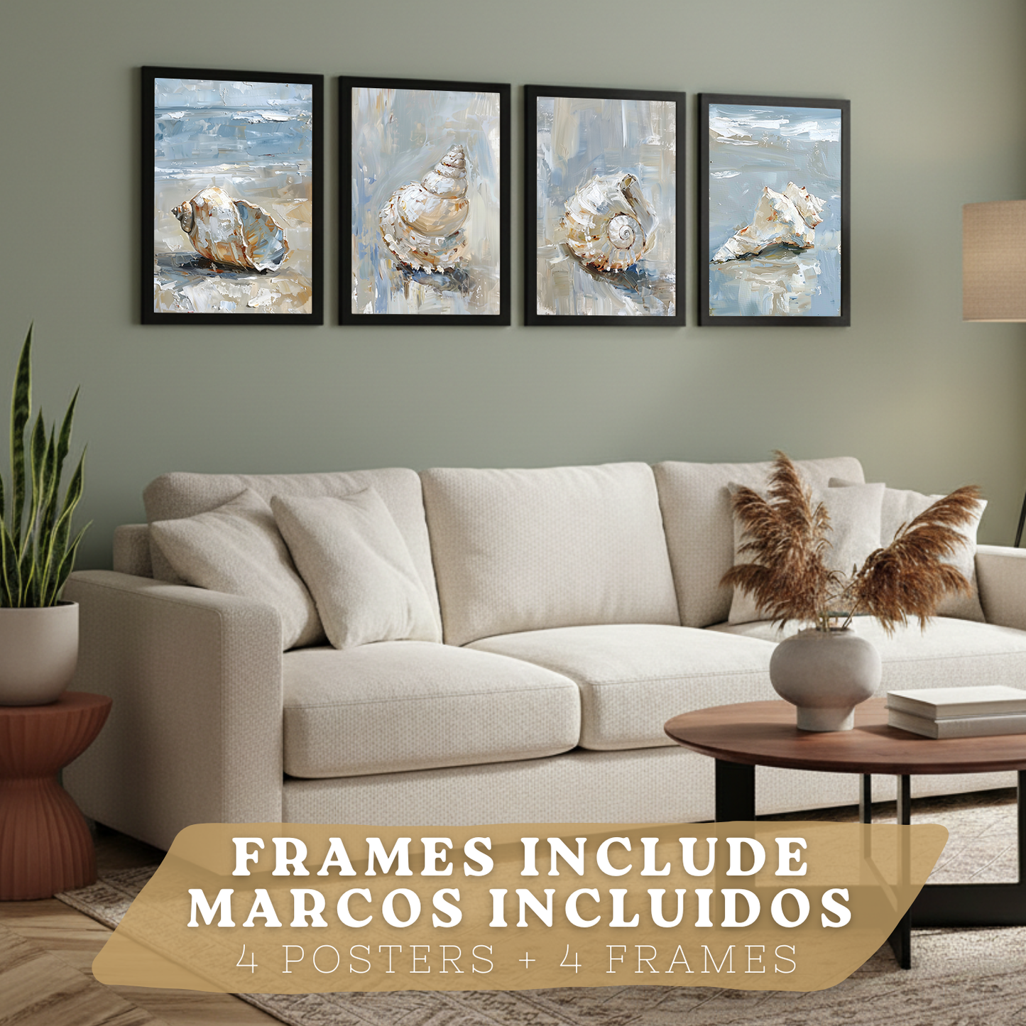 Nacnic Juego De 3 Cuadros De Playa, Mar, Costa Azul. Decoracion De Pared De Arte. Conchas Marinas. Laminas Decorativas Pared Baño, Cocina,Salón Y Dormitorio