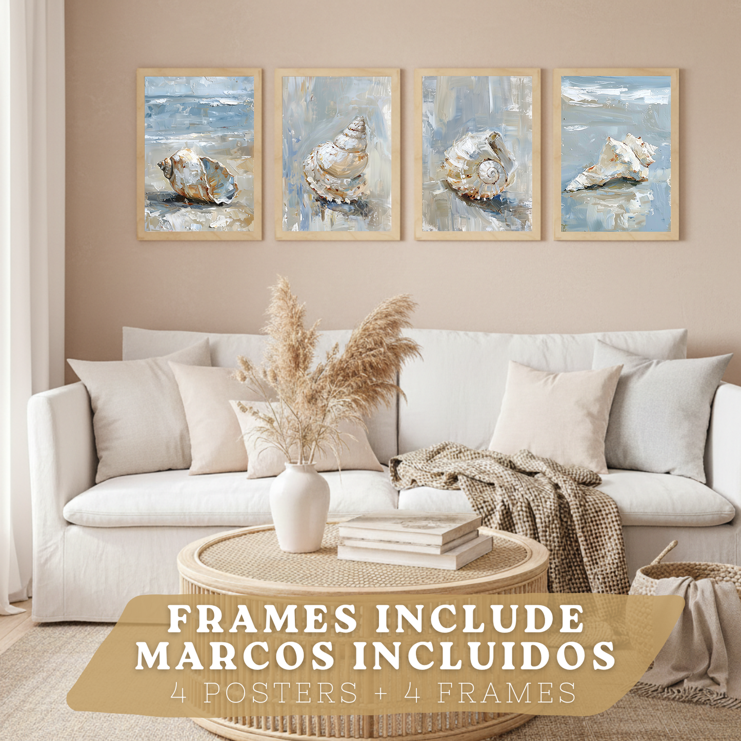 Nacnic Juego De 3 Cuadros De Playa, Mar, Costa Azul. Decoracion De Pared De Arte. Conchas Marinas. Laminas Decorativas Pared Baño, Cocina,Salón Y Dormitorio