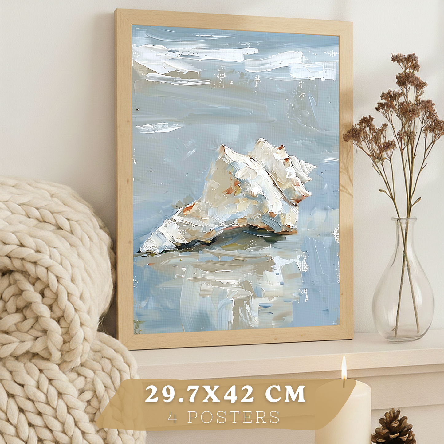 Nacnic Juego De 3 Cuadros De Playa, Mar, Costa Azul. Decoracion De Pared De Arte. Conchas Marinas. Laminas Decorativas Pared Baño, Cocina,Salón Y Dormitorio