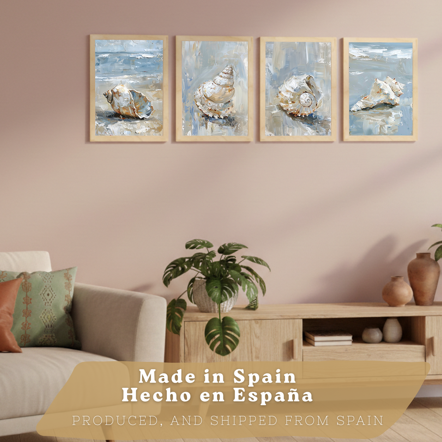 Nacnic Juego De 3 Cuadros De Playa, Mar, Costa Azul. Decoracion De Pared De Arte. Conchas Marinas. Laminas Decorativas Pared Baño, Cocina,Salón Y Dormitorio